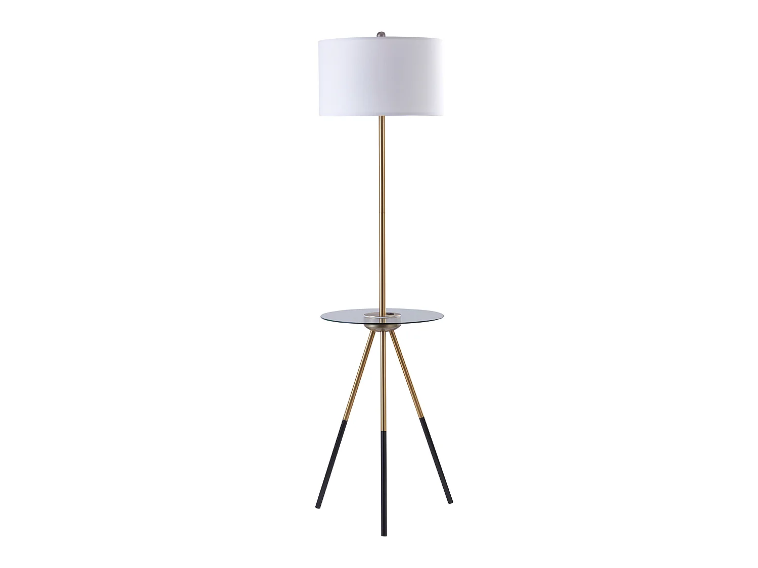Lampadaire trépied salon avec tablette en verre chargeur USB blanc doré Myra