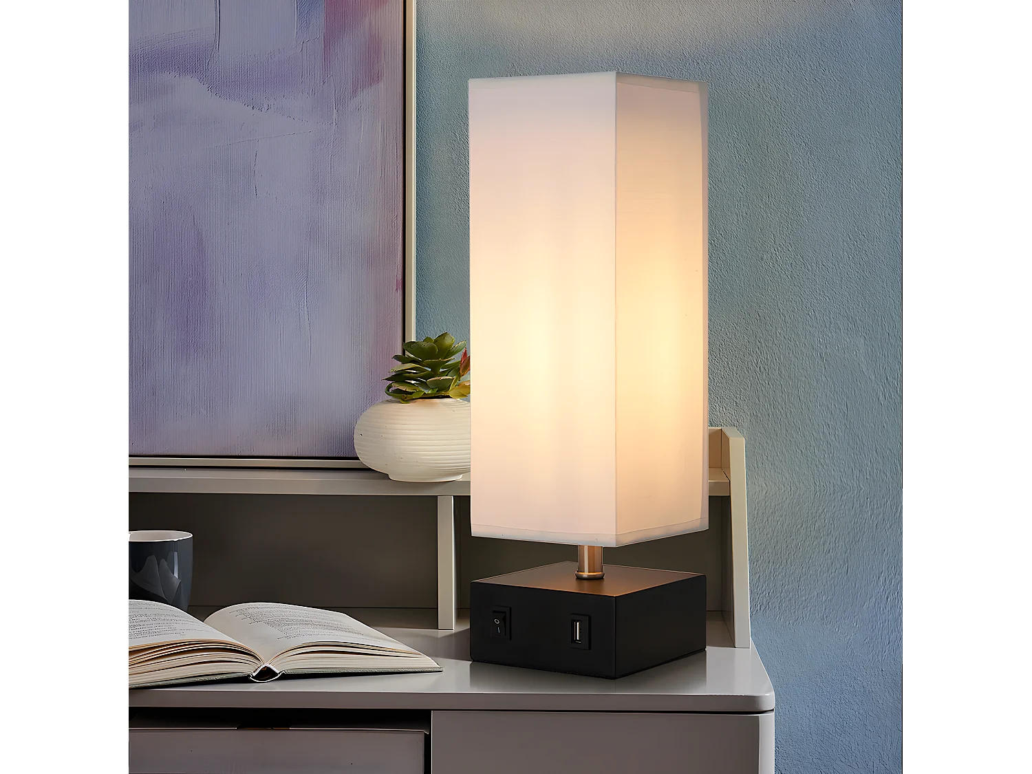 Versanora - lampe de table de chevet Colette avec port USB et nuance blanche