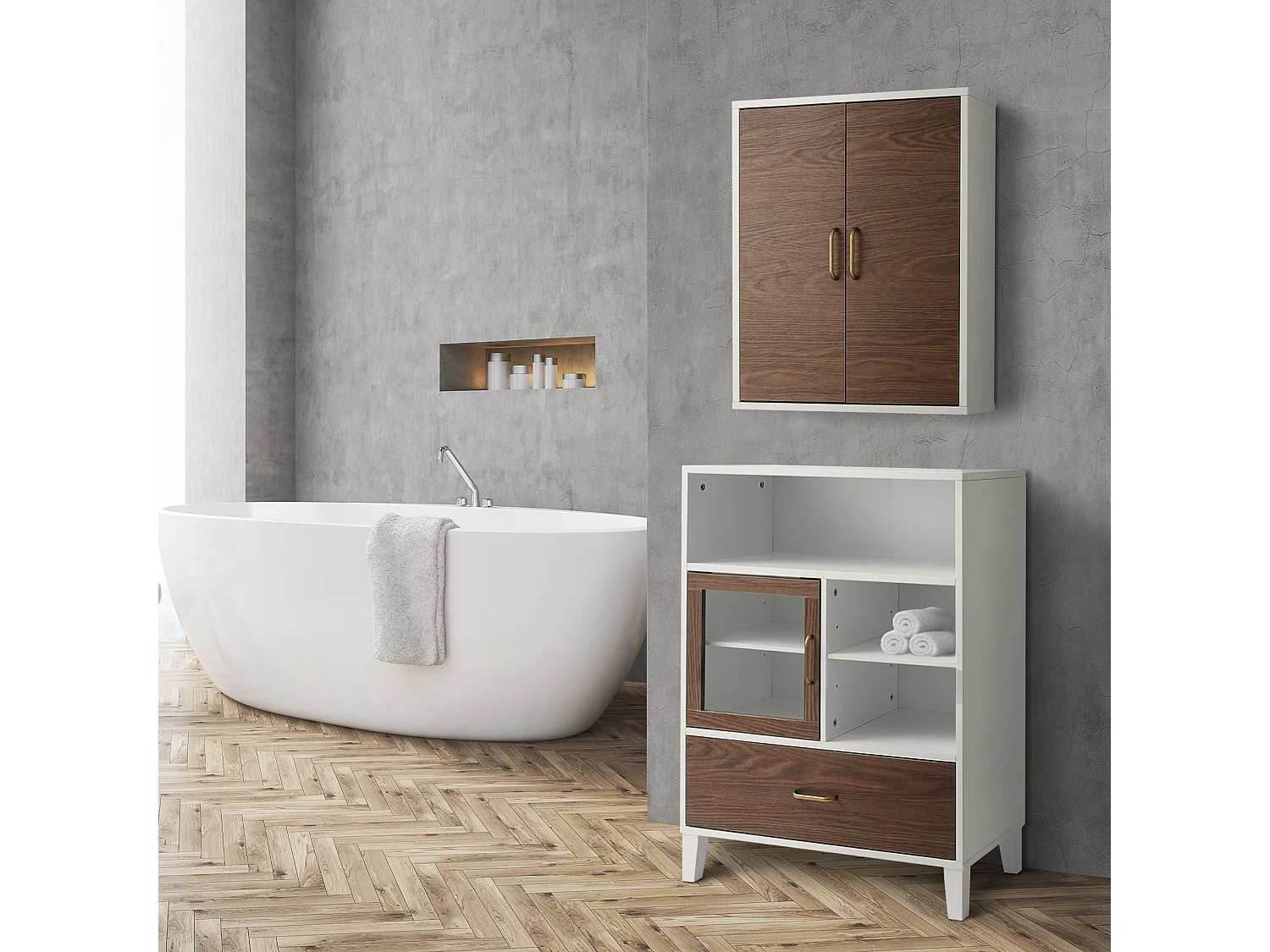 Armoire de toilette placard mural de salle de bain en bois marron / blanc Tyler