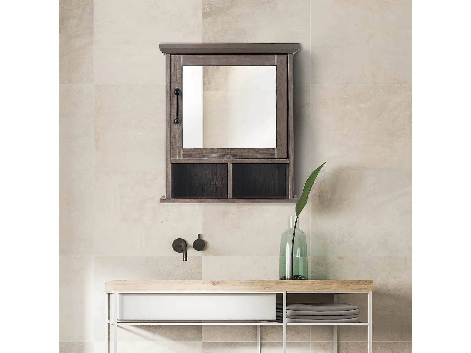 Teamson Home Badkamerkast - Russell Muurbevestiging Houten Medicijnkastje Met Deur, Spiegel en Planken - Bruin