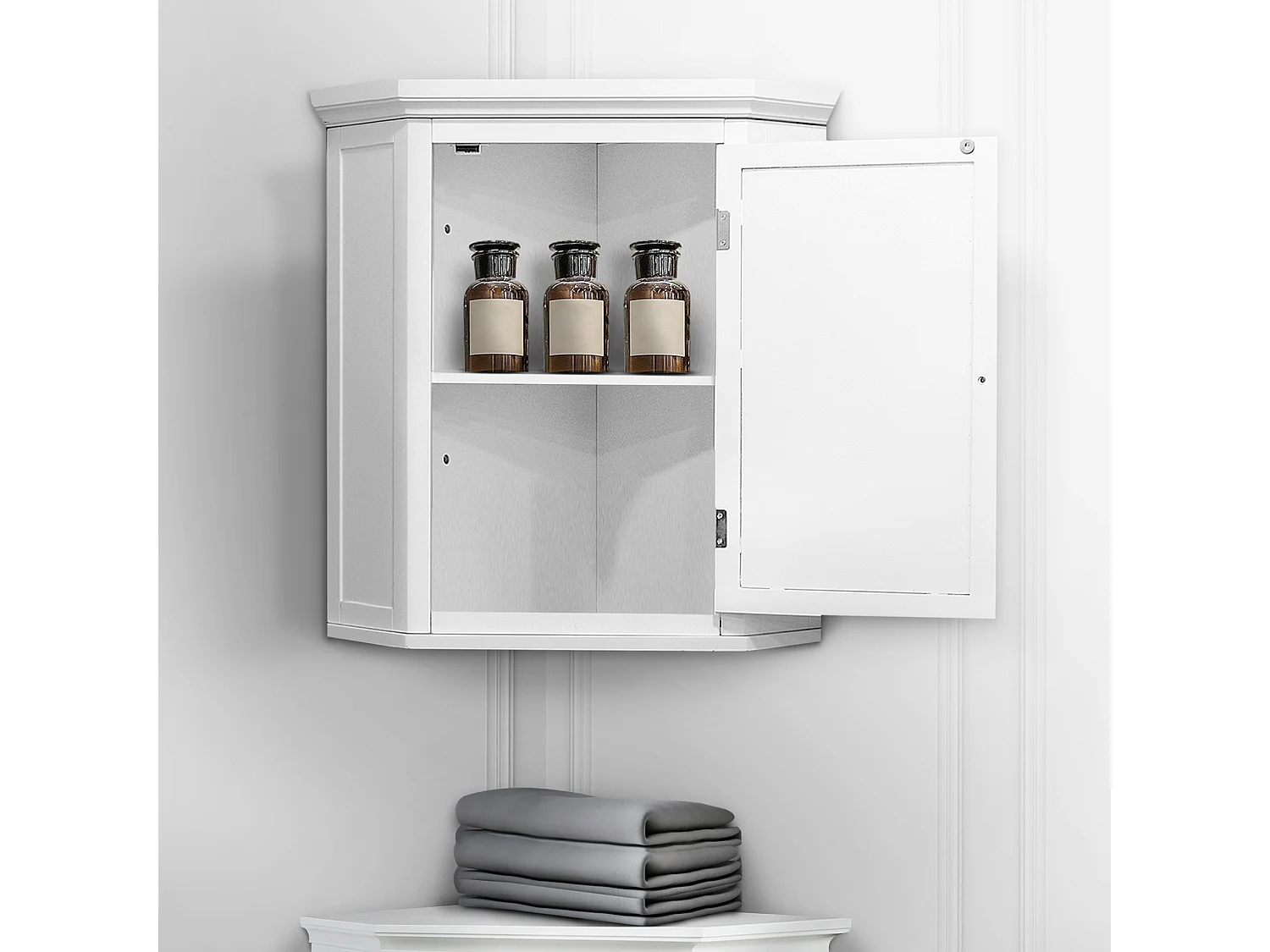 Teamson Home Badkamerkast - Glancy Houten Muurbevestiging Hoekkast Met Deur en Planken - Wit