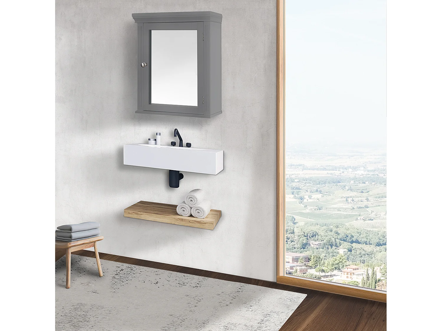 Armoire de toilette murale salle de bain bois avec miroir gris Stratford