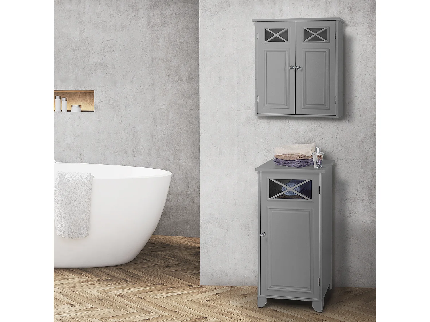 Teamson Home Badkamerkast - Dawson Muurbevestiging Houten Kastje Met 2 Deuren en Plank - Grijs