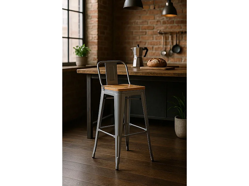 Taburetes Altos - Taburete Torix Respaldo Madera Natural - Gris metalizado