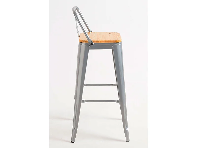 Lote de 4 Taburetes Torix Respaldo Madera Natural - Gris metalizado