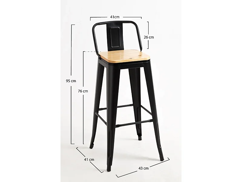 Lote de 6 Taburetes Torix Respaldo Madera Natural - Negro