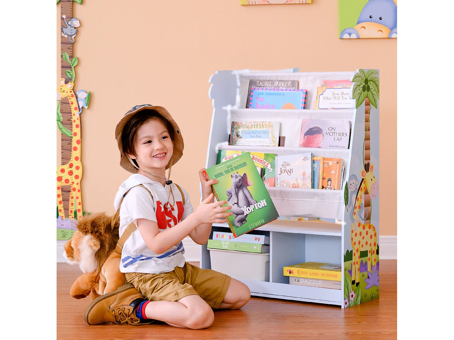 Etagère de rangement enfant garçon en bois Sunny Safari bleu