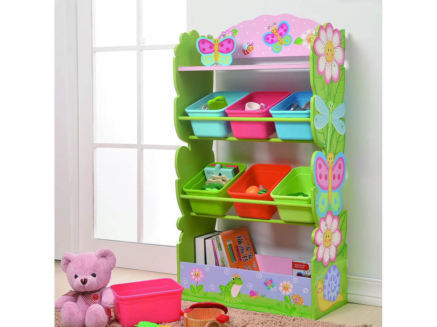 Meuble de rangement à jouets avec bacs bois fantaisie Jardin Magique TD-12710A