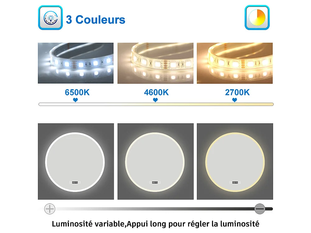 Miroir de Salle de Bain lumineux 60cm rond LED avec Horloge, Mural Miroir avec 3 Couleurs + Dimmable + Anti-buée,Interrupteur Tactile Étanche IP44