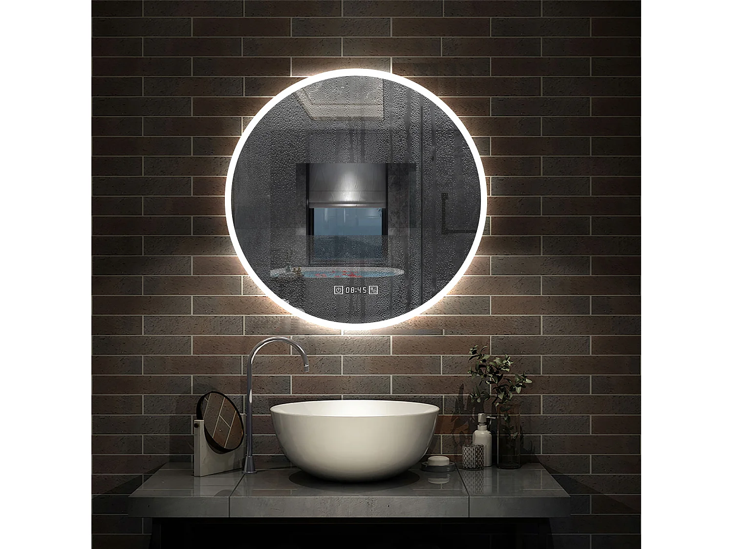Miroir de Salle de Bain lumineux 70cm rond LED avec Horloge, Mural Miroir avec 3 Couleurs + Dimmable + Anti-buée,Interrupteur Tactile Étanche IP44