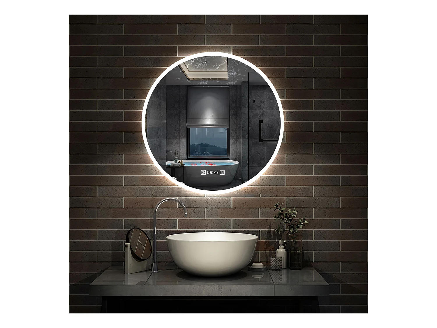Miroir de Salle de Bain lumineux 70cm rond LED avec Horloge, Mural Miroir avec 3 Couleurs + Dimmable + Anti-buée,Interrupteur Tactile Étanche IP44