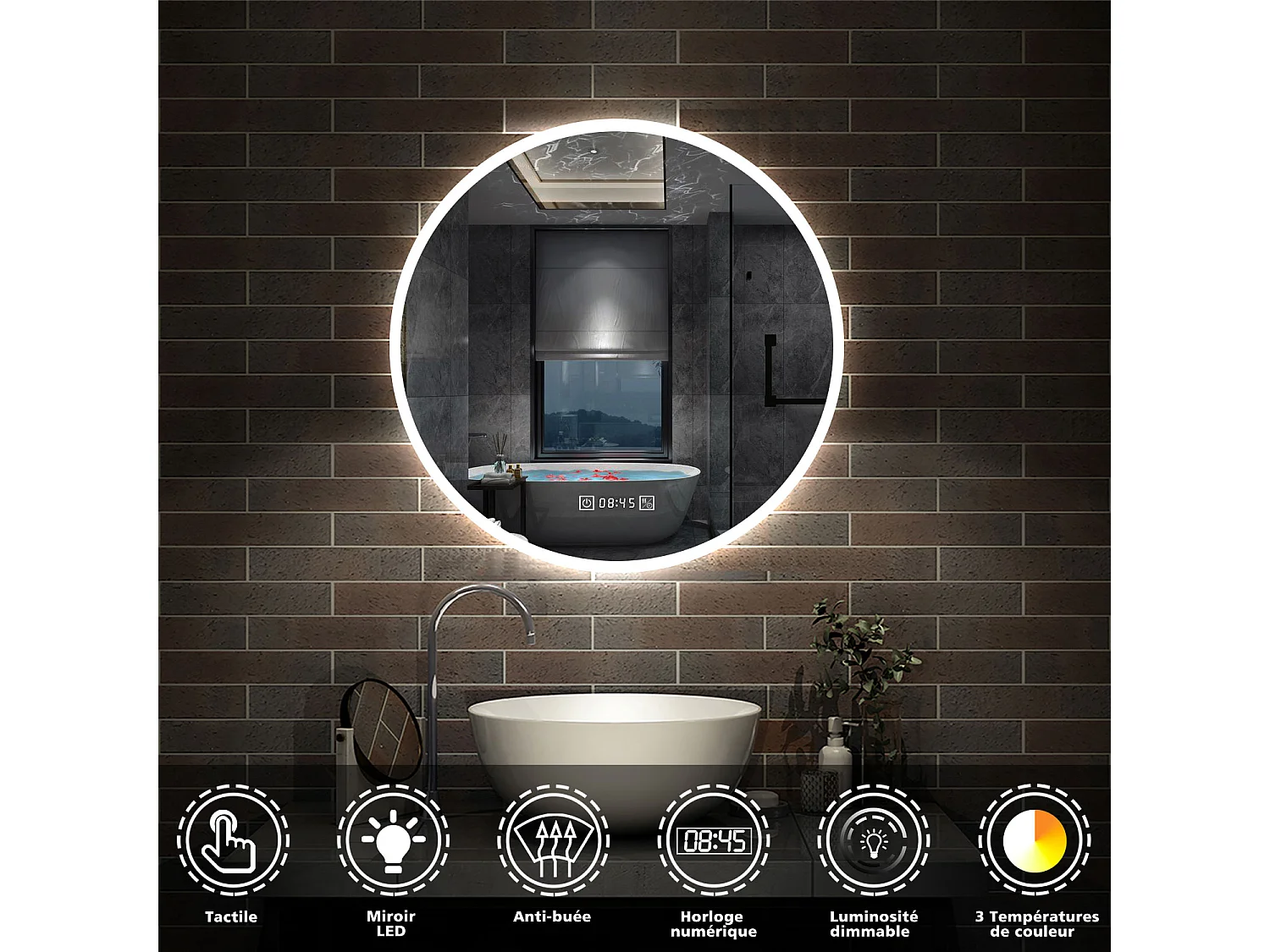 Miroir de Salle de Bain lumineux 70cm rond LED avec Horloge, Mural Miroir avec 3 Couleurs + Dimmable + Anti-buée,Interrupteur Tactile Étanche IP44