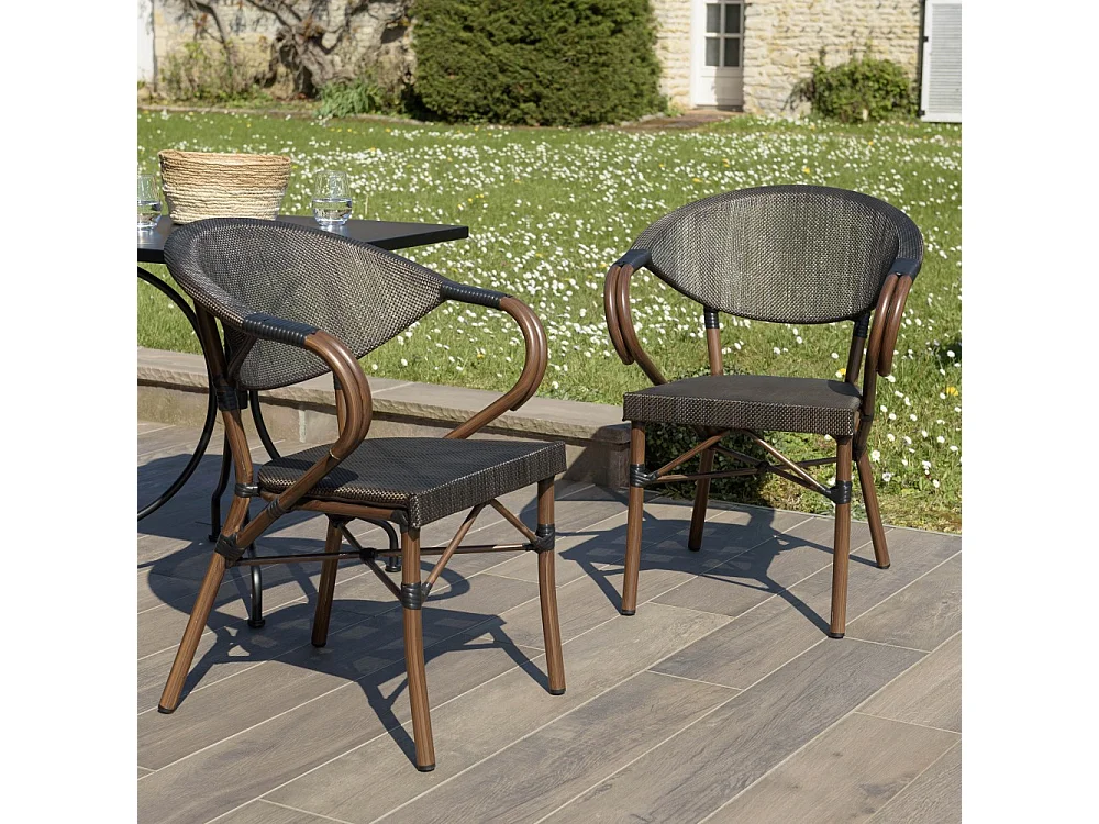 VIANNEY - Lot de 2 chaises de jardin bistrot en acier textilène marron
