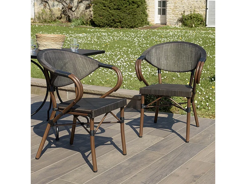 VIANNEY - Lot de 2 chaises de jardin bistrot en acier textilène marron