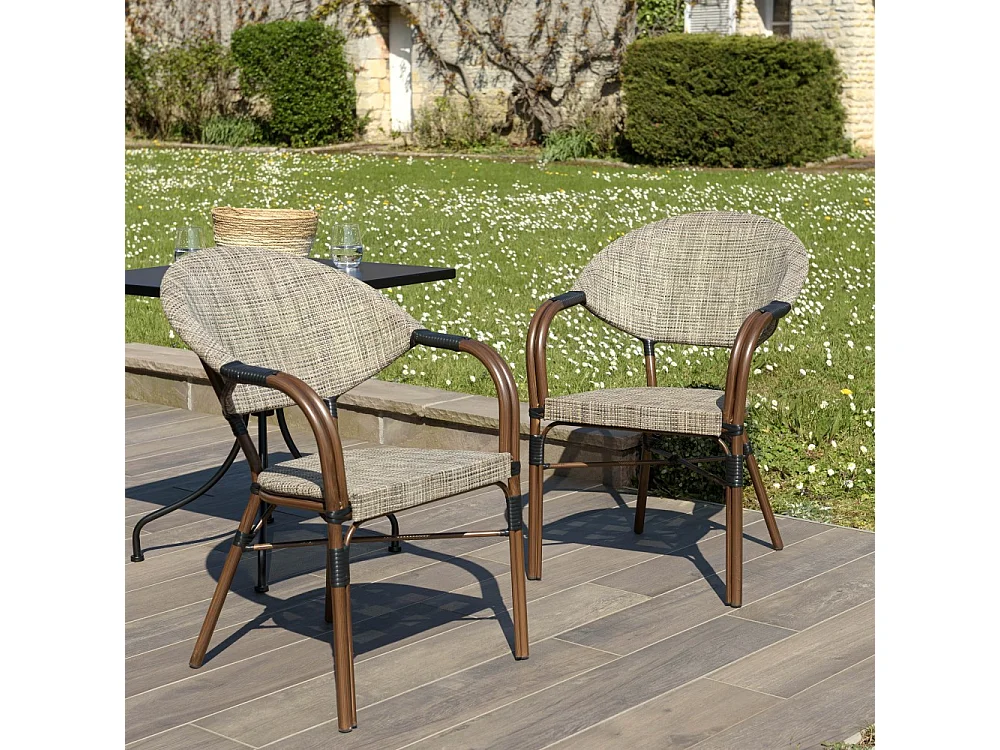 VIANNEY - Lot de 2 chaises de jardin bistrot en acier textilène taupe