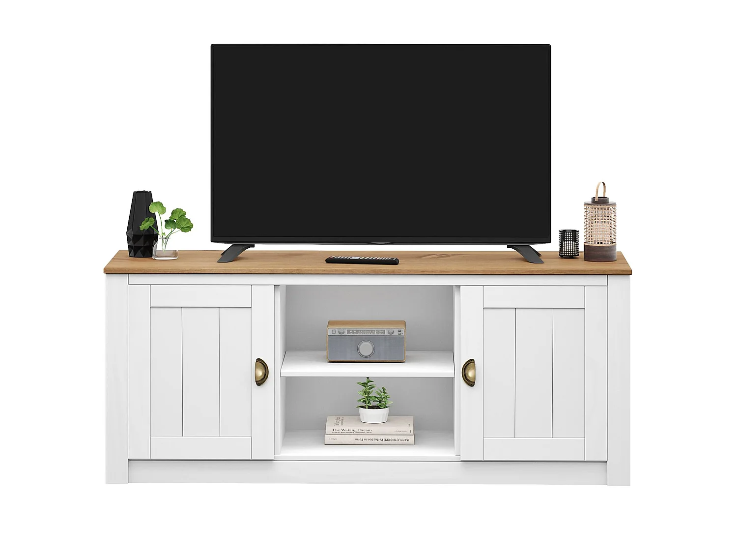 Meuble TV BOLTON L 138 cm en bois massif blanc et brun avec rangement 2 portes et 2 niches pour télévision jusqu'à 50"