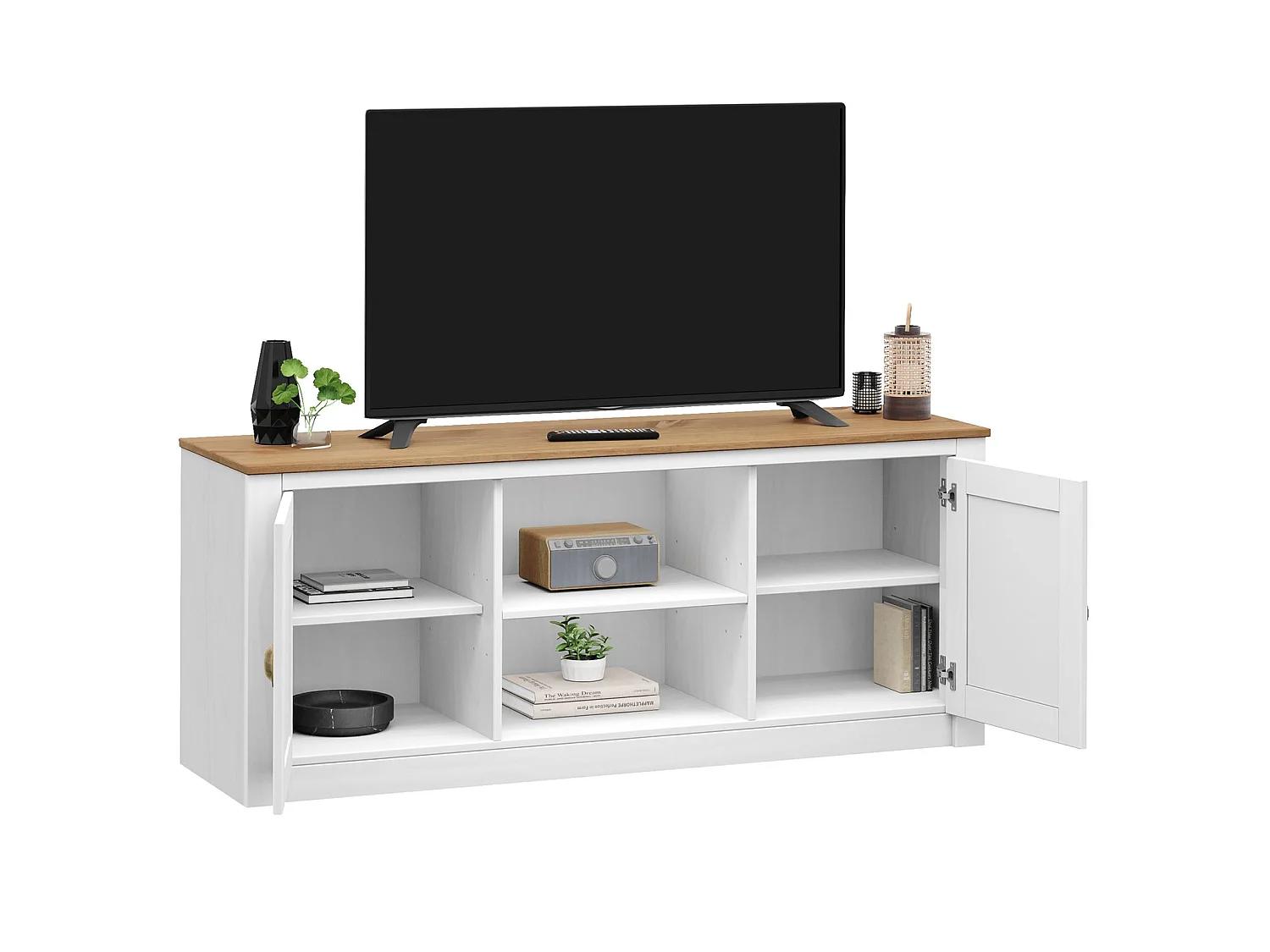 Meuble TV BOLTON L 138 cm en bois massif blanc et brun avec rangement 2 portes et 2 niches pour télévision jusqu'à 50"