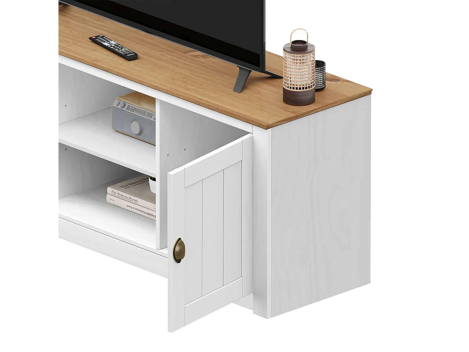 Meuble TV BOLTON L 138 cm en bois massif blanc et brun avec rangement 2 portes et 2 niches pour télévision jusqu'à 50"