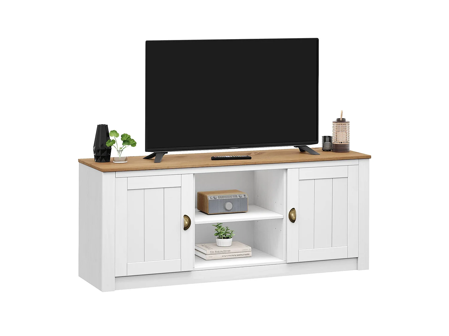 Meuble TV BOLTON L 138 cm en bois massif blanc et brun avec rangement 2 portes et 2 niches pour télévision jusqu'à 50"