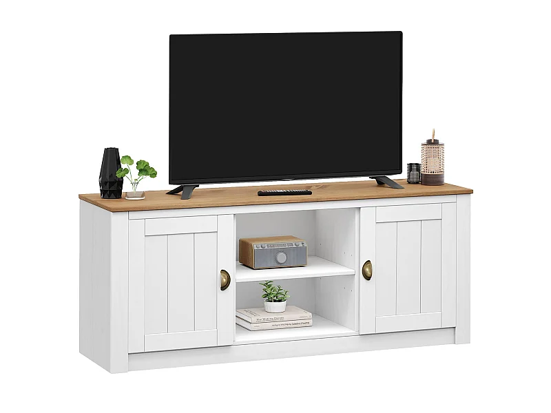 Meuble TV BOLTON L 138 cm en bois massif blanc et brun avec rangement 2 portes et 2 niches pour télévision jusqu'à 50"