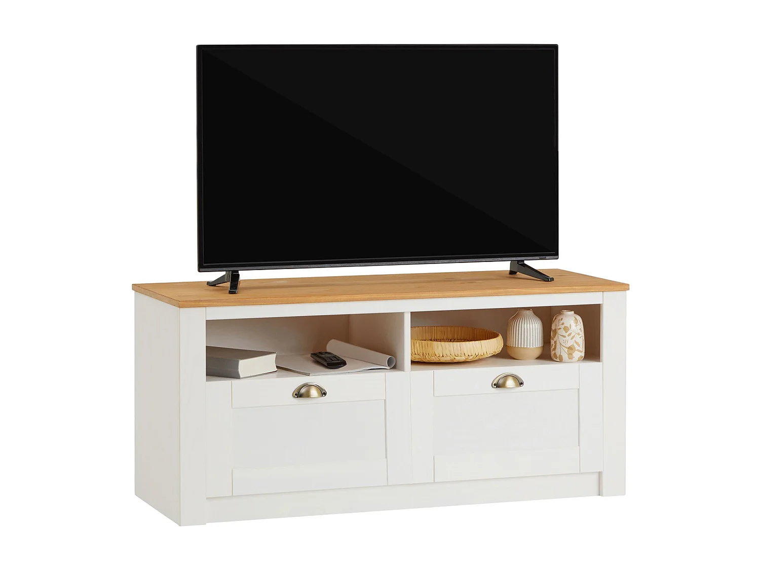 Meuble TV BOLTON 2 tiroirs de rangement, meuble télé design campagne en pin massif blanc et brun