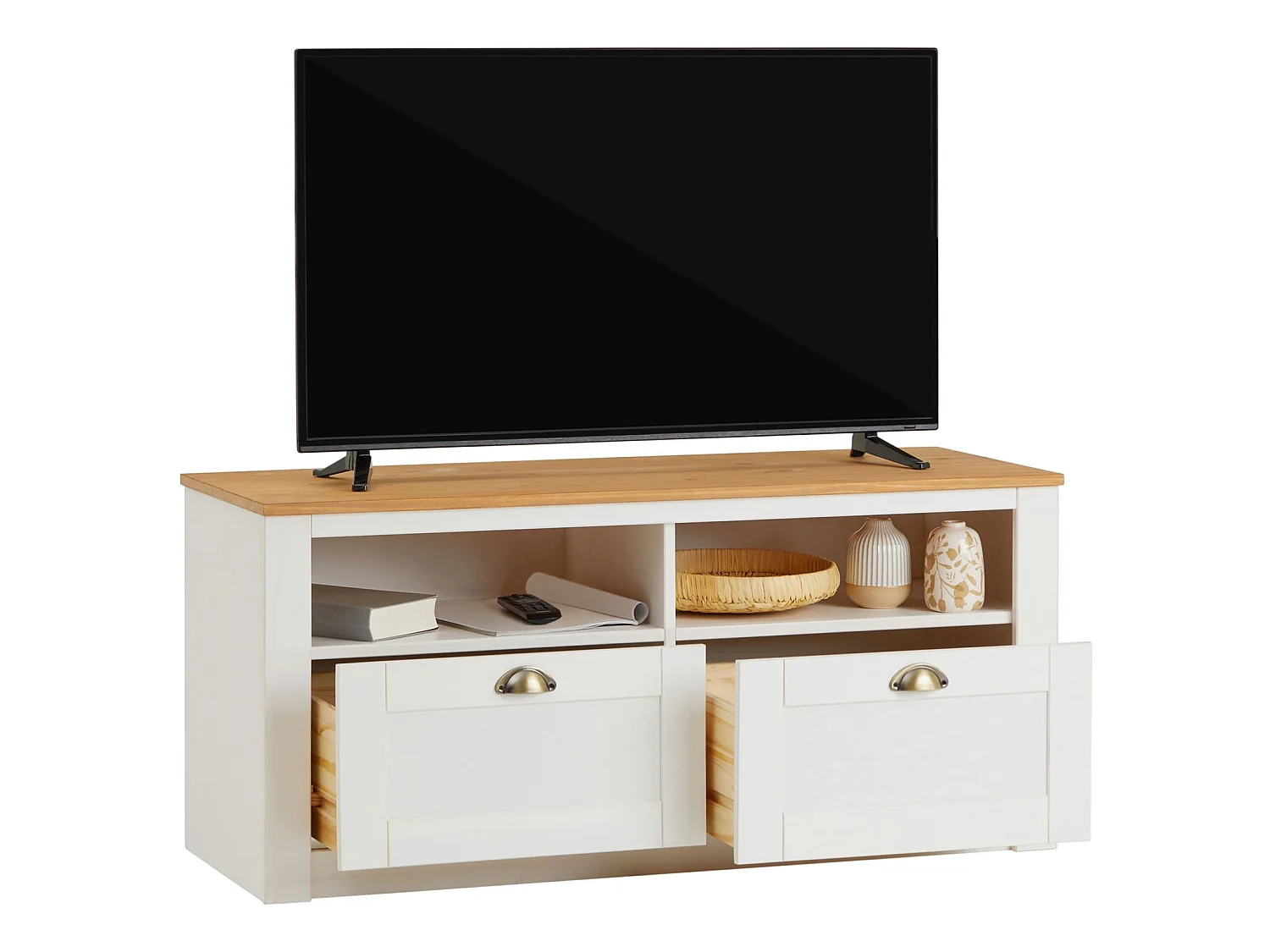 Meuble TV BOLTON 2 tiroirs de rangement, meuble télé design campagne en pin massif blanc et brun