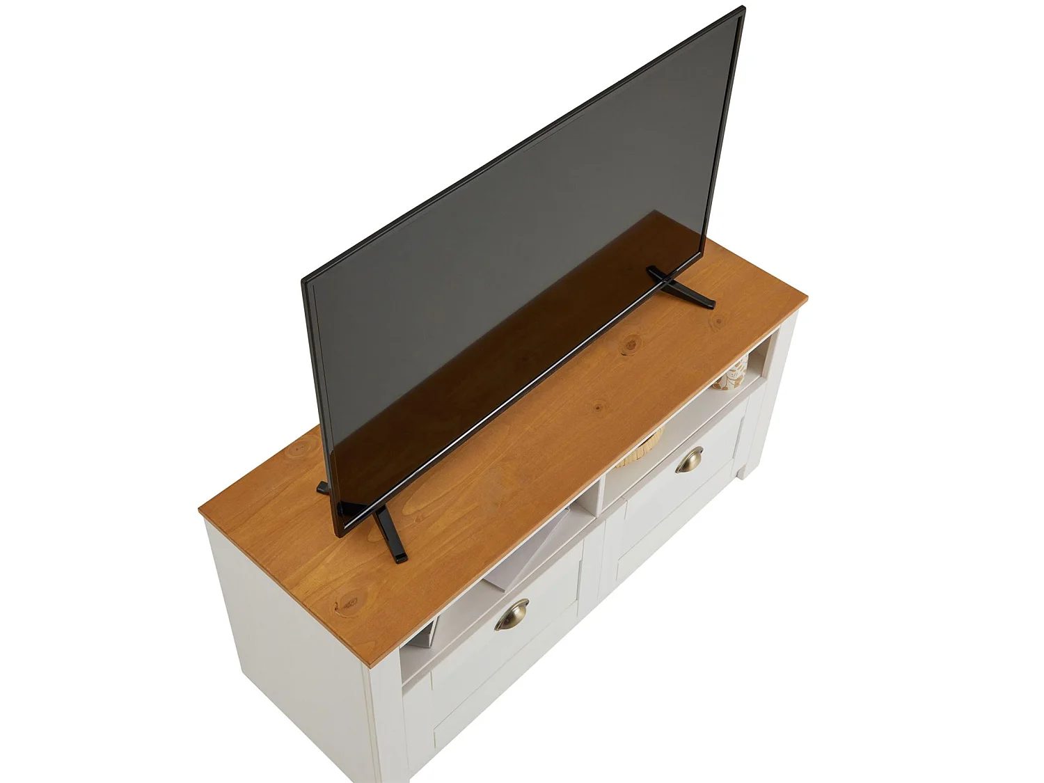 Meuble TV BOLTON 2 tiroirs de rangement, meuble télé design campagne en pin massif blanc et brun