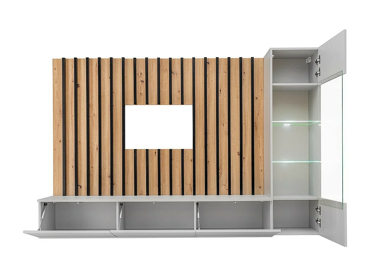 Wohnzimmermöbel Set zum Aufhängen – Kollektion TASHYA – Dekorative Wandverkleidung – Eiche, Perlgrau und Schwarz