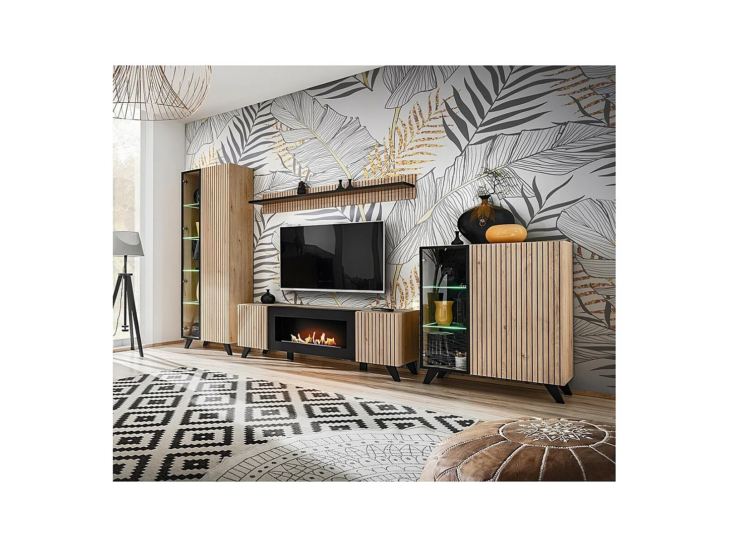 Ensemble de 4 meubles de salon NIELSEN – Cheminée décorative en chêne et noir