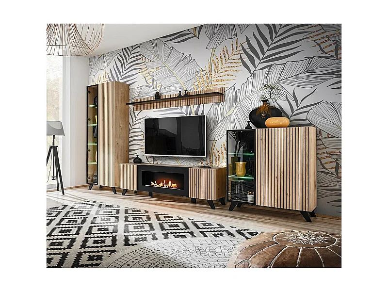 Set van 4 NIELSEN woonkamermeubels - Decoratieve haard in eiken en zwart