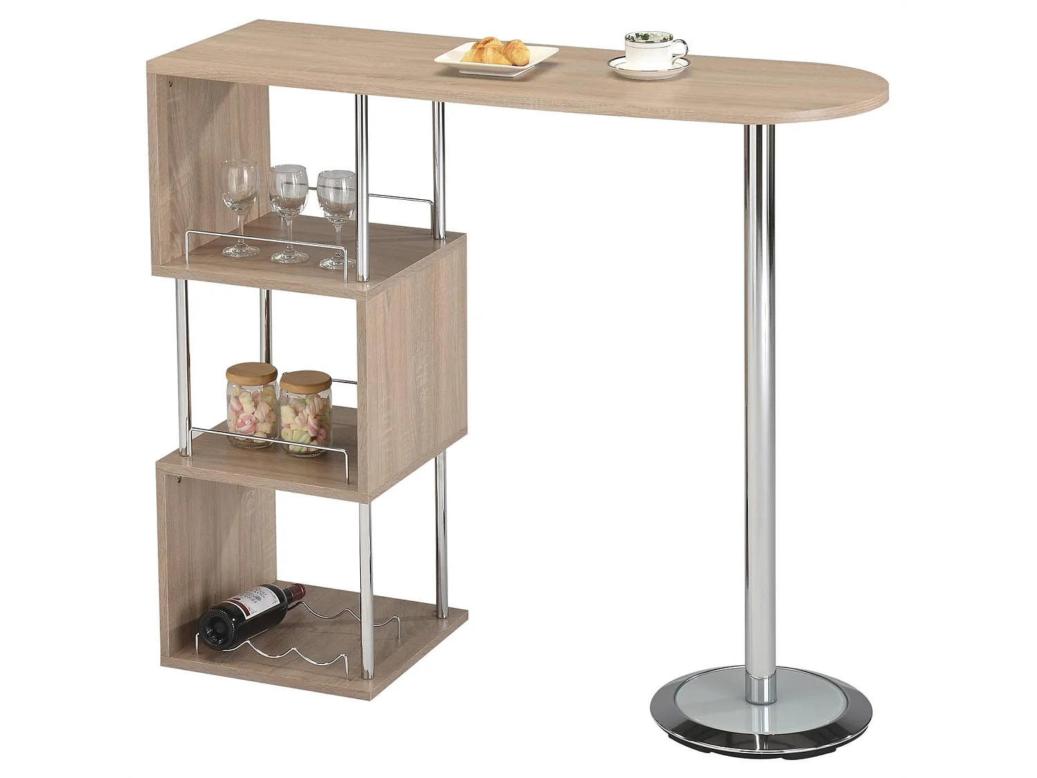 Table haute de bar VIGANDO mange-debout comptoir avec 3 étagères dont 1 porte-bouteilles en métal chromé et plateau MDF chêne sonoma