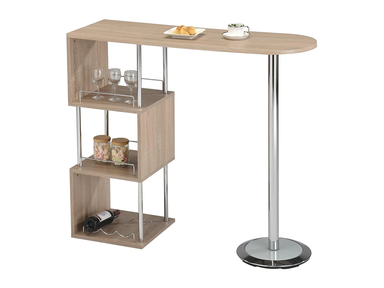 Table haute de bar VIGANDO mange-debout comptoir avec 3 étagères dont 1 porte-bouteilles en métal chromé et plateau MDF chêne sonoma