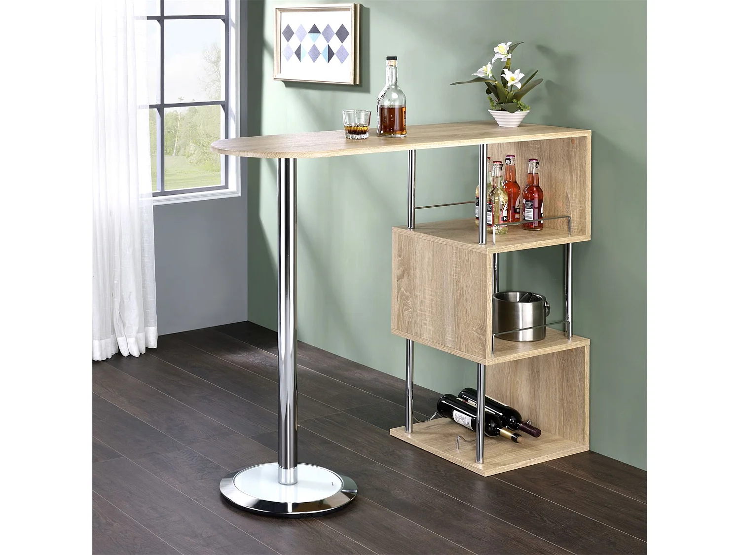 Table haute de bar VIGANDO mange-debout comptoir avec 3 étagères dont 1 porte-bouteilles en métal chromé et plateau MDF chêne sonoma