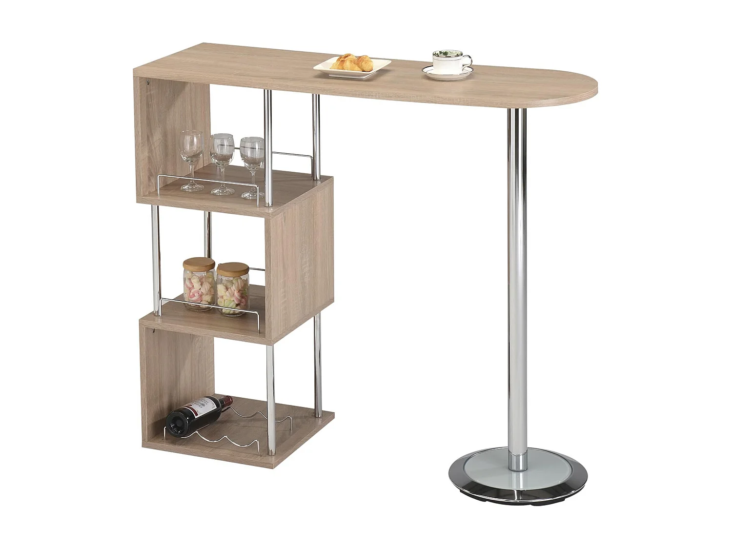 Table haute de bar VIGANDO mange-debout comptoir avec 3 étagères dont 1 porte-bouteilles en métal chromé et plateau MDF chêne sonoma