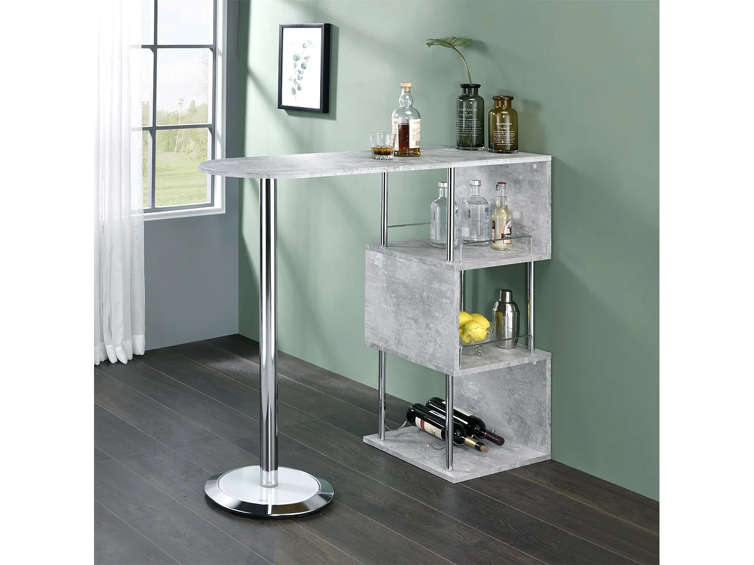 Table haute de bar VIGANDO mange-debout comptoir avec 3 étagères dont 1 porte-bouteilles, en métal chromé et plateau MDF décor béton