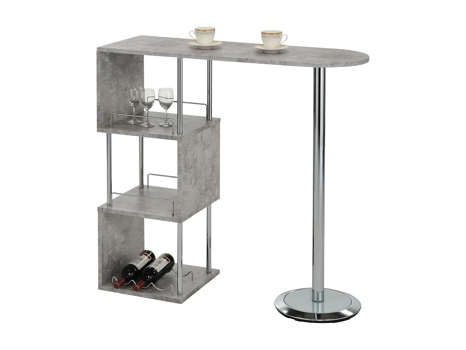 Table haute de bar VIGANDO mange-debout comptoir avec 3 étagères dont 1 porte-bouteilles, en métal chromé et plateau MDF décor béton