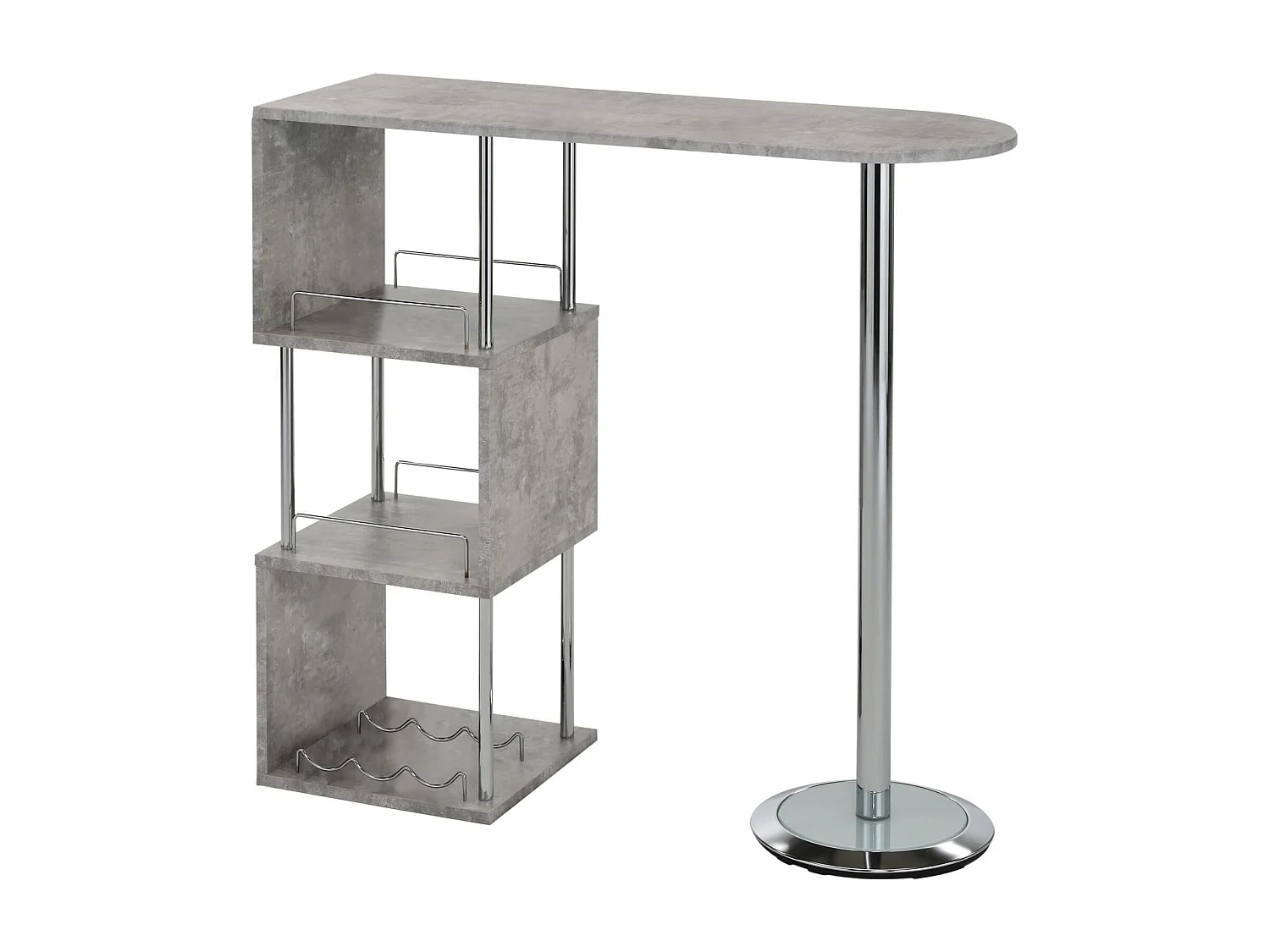 Table haute de bar VIGANDO mange-debout comptoir avec 3 étagères dont 1 porte-bouteilles, en métal chromé et plateau MDF décor béton