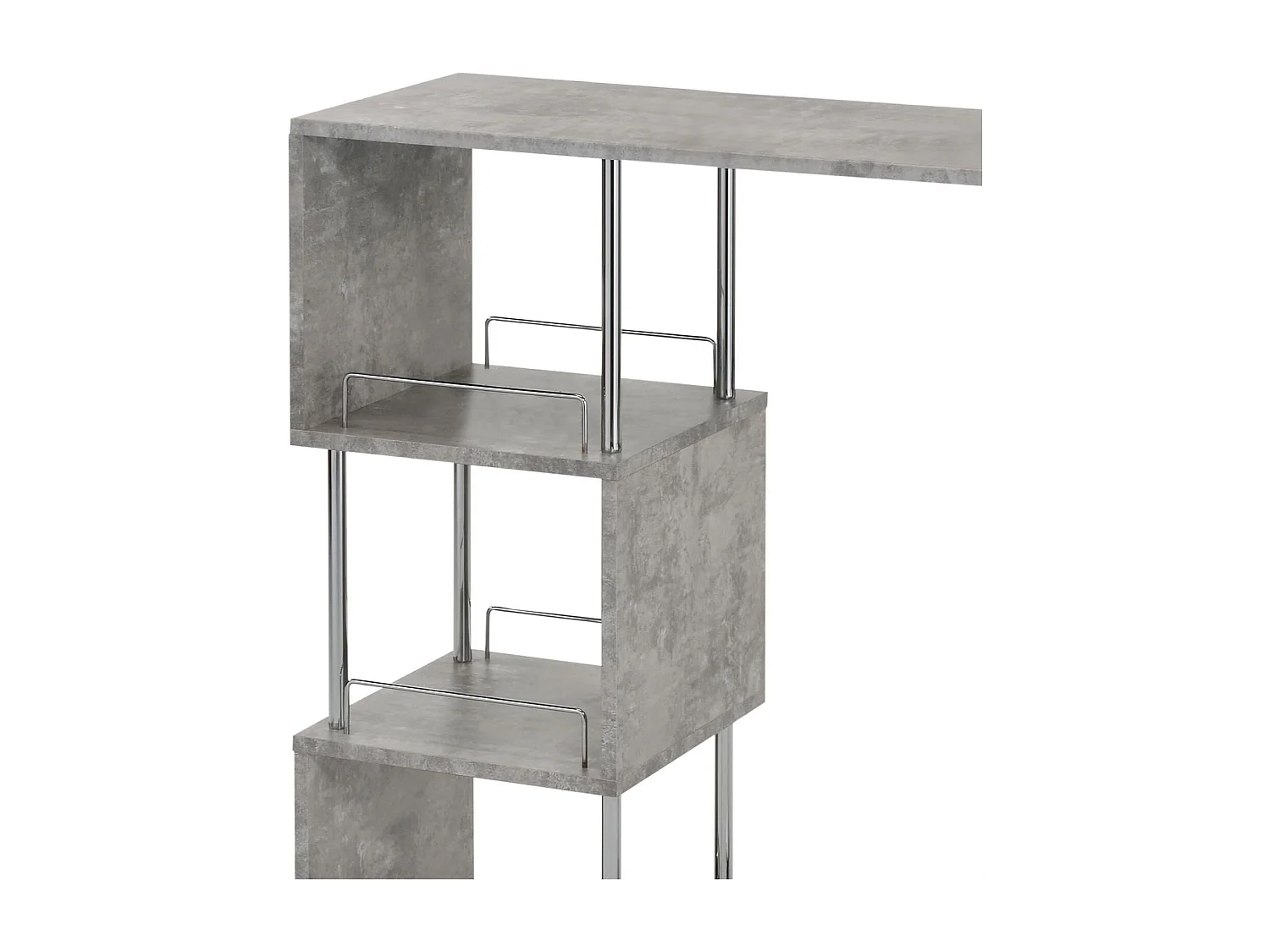 Table haute de bar VIGANDO mange-debout comptoir avec 3 étagères dont 1 porte-bouteilles, en métal chromé et plateau MDF décor béton