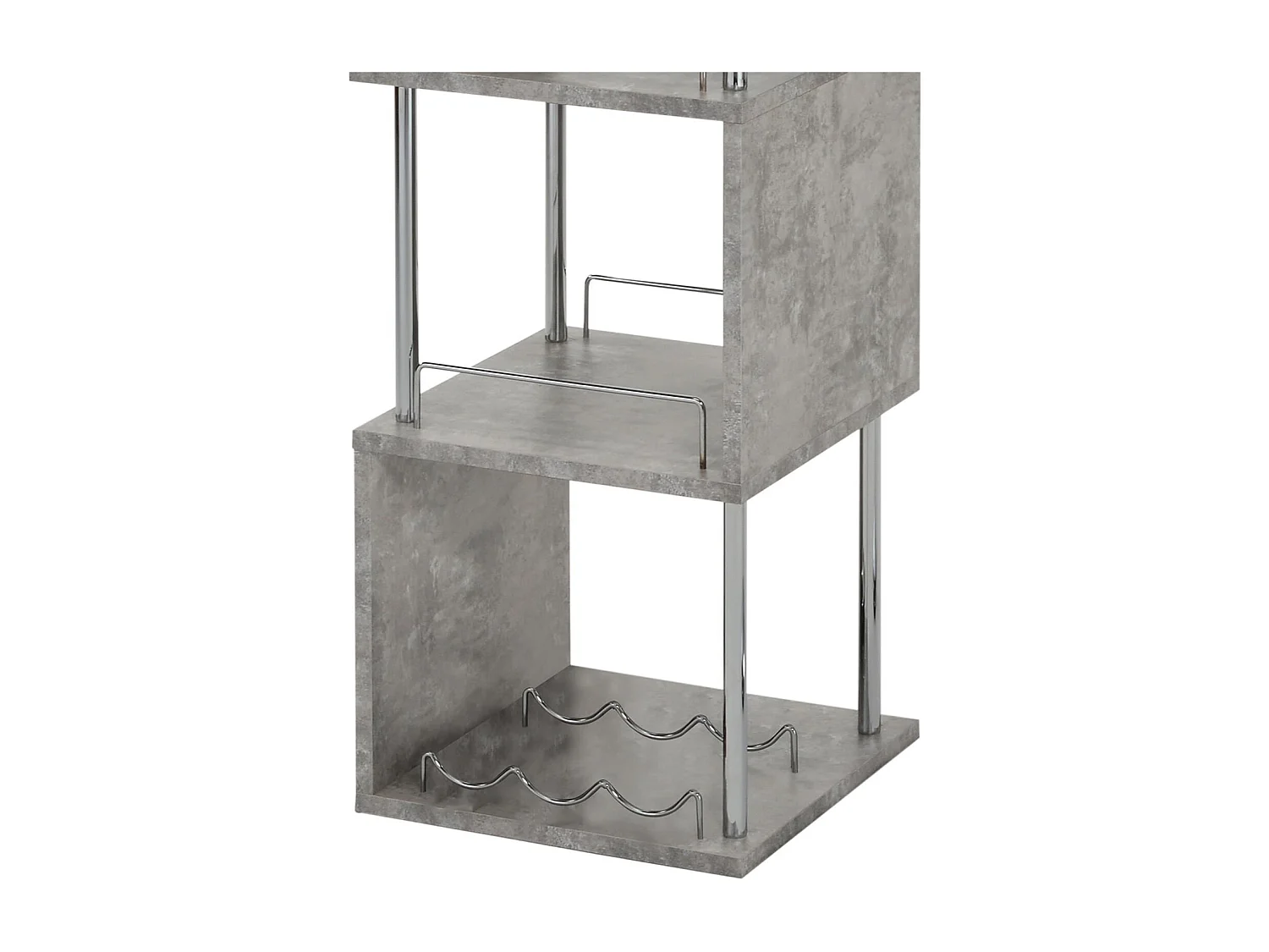 Table haute de bar VIGANDO mange-debout comptoir avec 3 étagères dont 1 porte-bouteilles, en métal chromé et plateau MDF décor béton