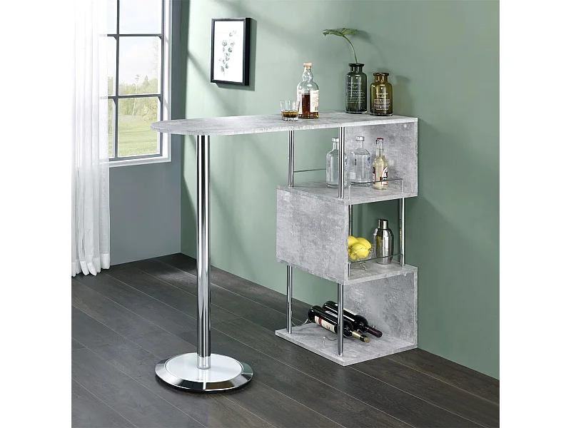Table haute de bar VIGANDO mange-debout comptoir avec 3 étagères dont 1 porte-bouteilles, en métal chromé et plateau MDF décor béton