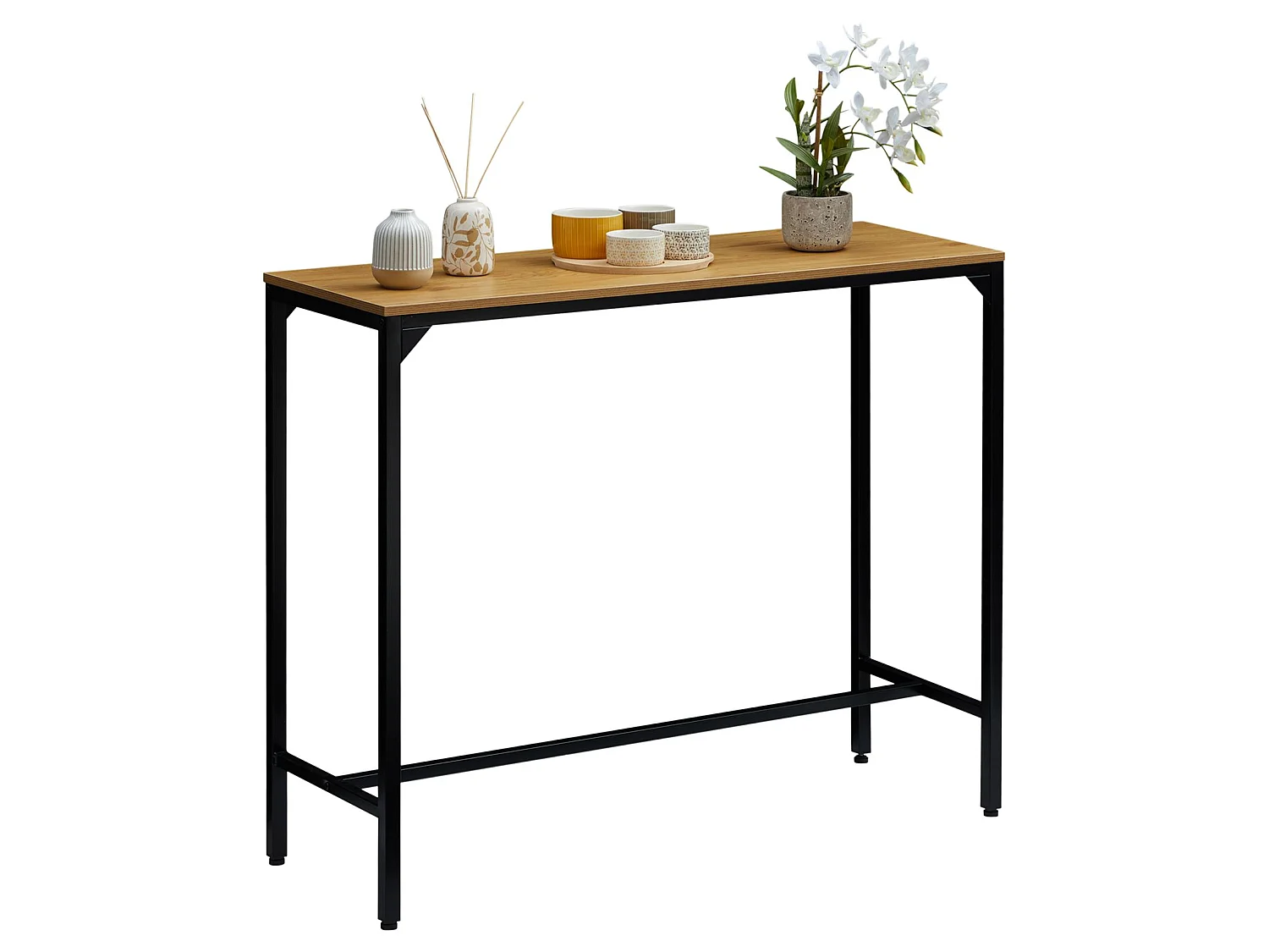 Table haute de bar BRAGA mange-debout comptoir en métal avec plateau en fibres de bois couleur chêne sauvage