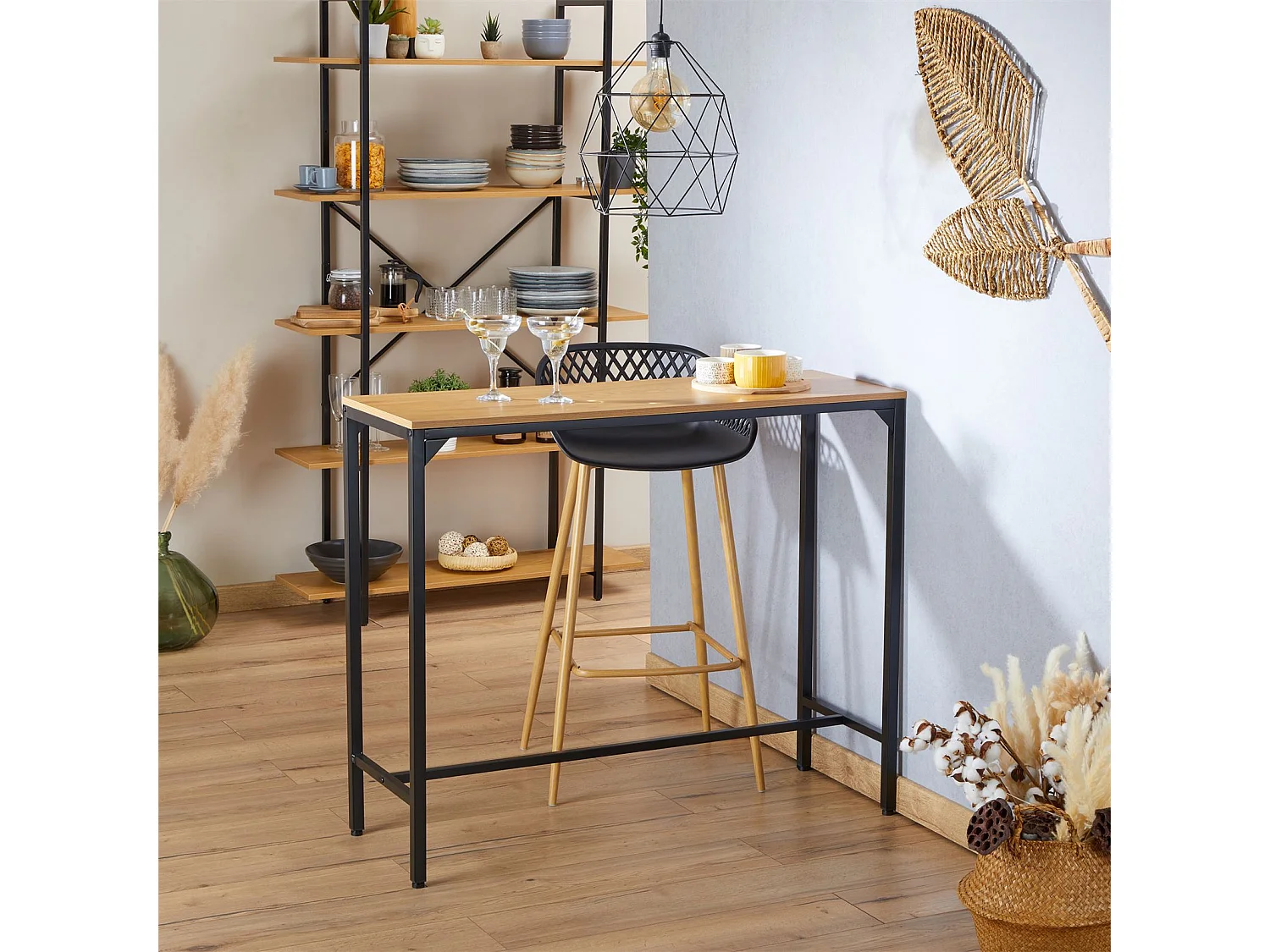 Table haute de bar BRAGA mange-debout comptoir en métal avec plateau en fibres de bois couleur chêne sauvage