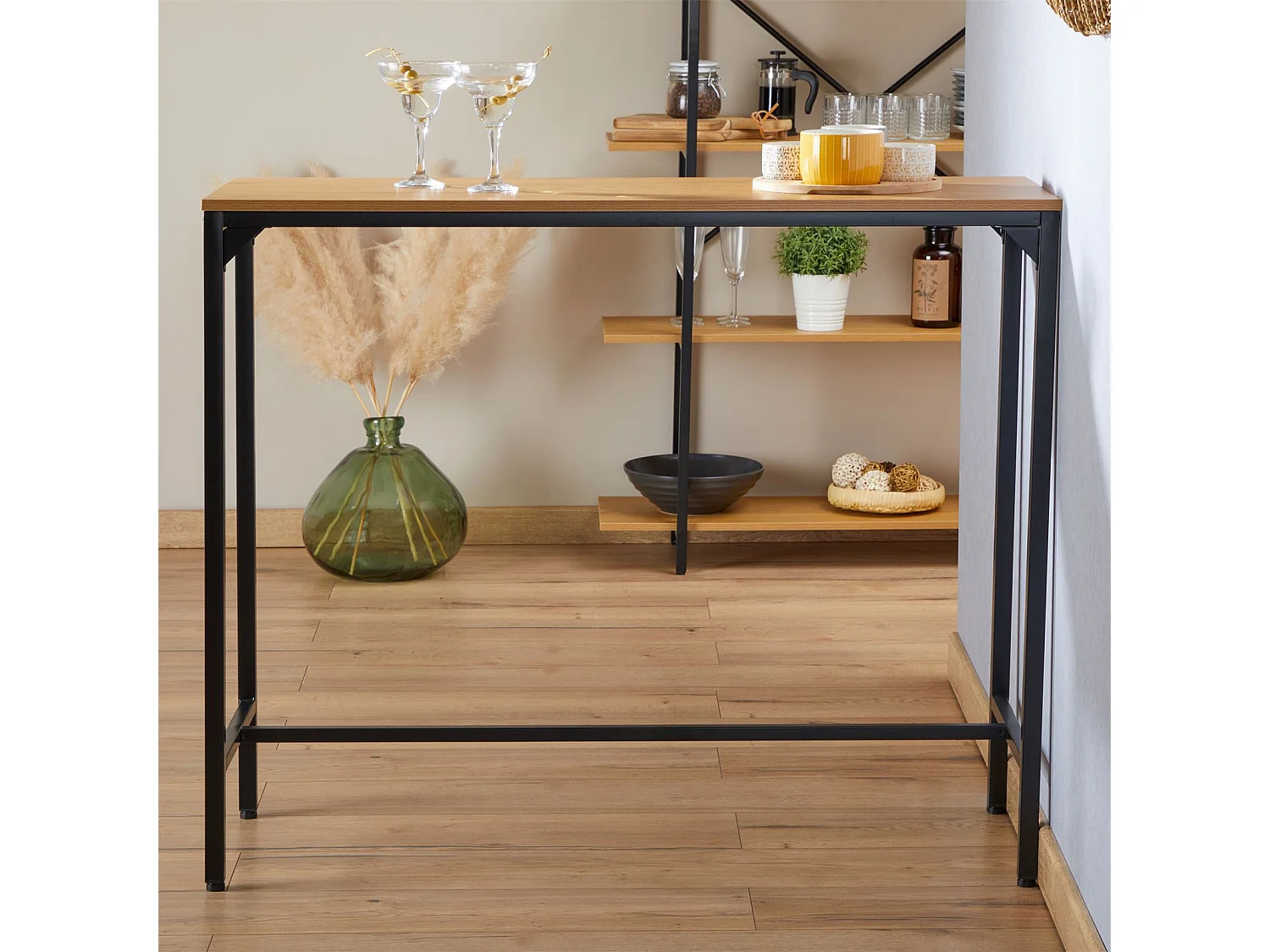 Table haute de bar BRAGA mange-debout comptoir en métal avec plateau en fibres de bois couleur chêne sauvage