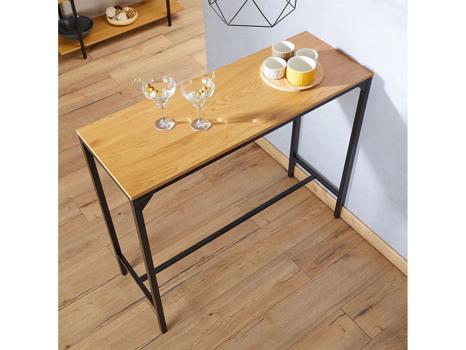 Table haute de bar BRAGA mange-debout comptoir en métal avec plateau en fibres de bois couleur chêne sauvage