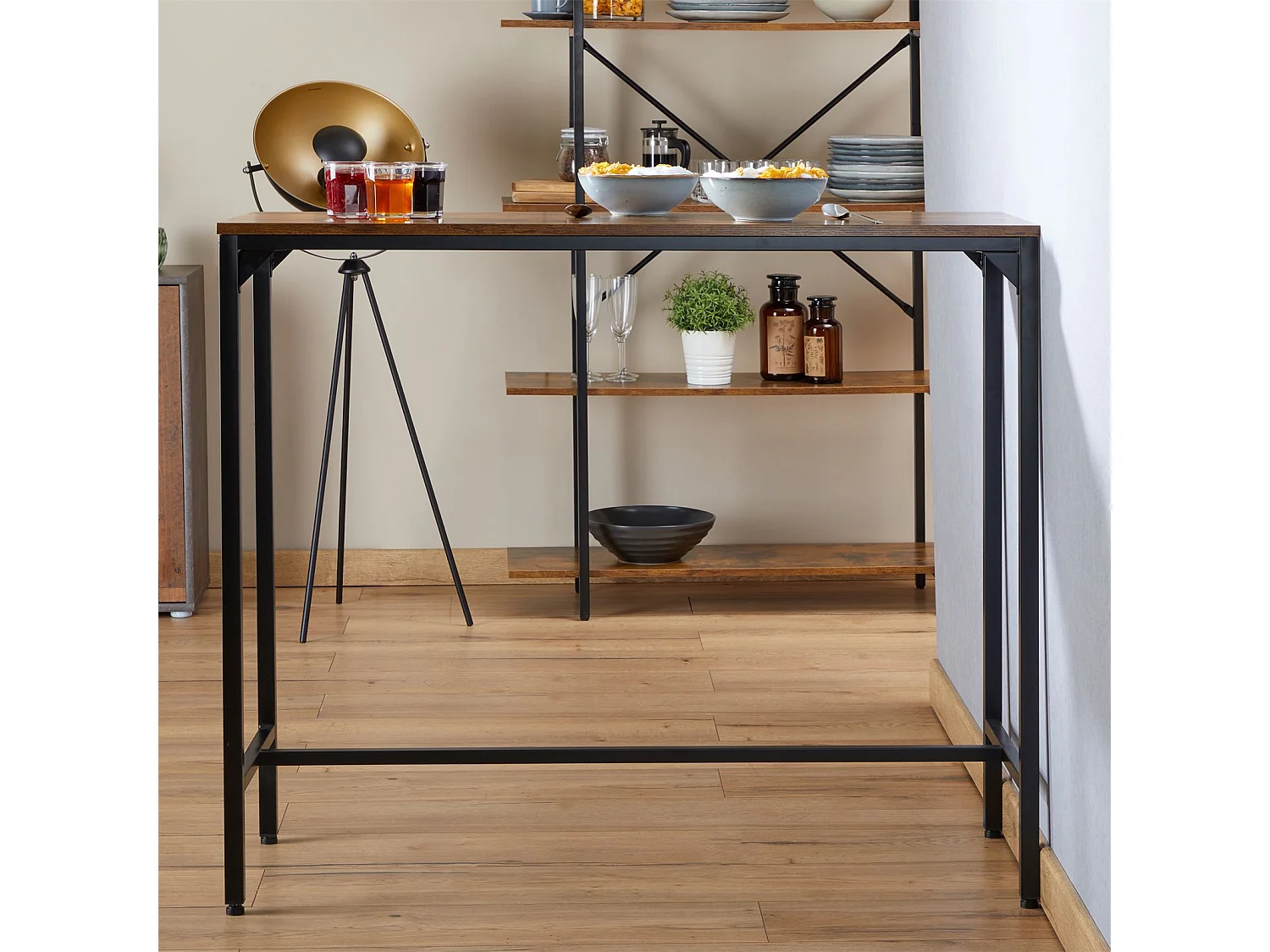 Table haute de bar BRAGA mange-debout comptoir en métal avec plateau en fibres de bois couleur brun rustique