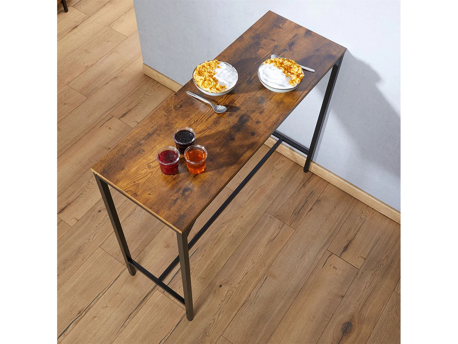 Table haute de bar BRAGA mange-debout comptoir en métal avec plateau en fibres de bois couleur brun rustique