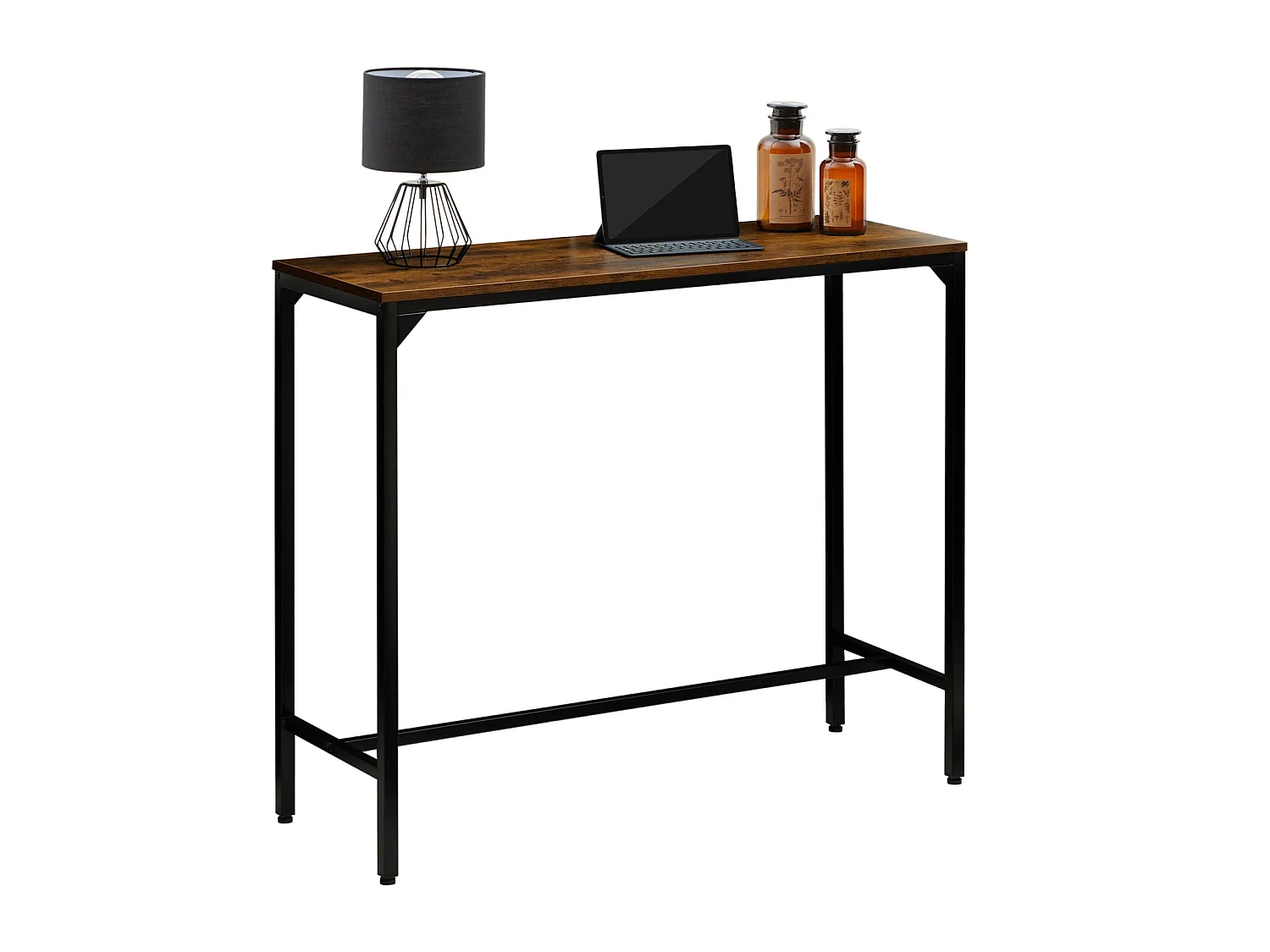 Table haute de bar BRAGA mange-debout comptoir en métal avec plateau en fibres de bois couleur brun rustique