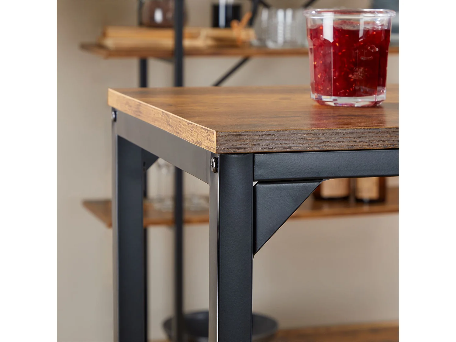 Table haute de bar BRAGA mange-debout comptoir en métal avec plateau en fibres de bois couleur brun rustique