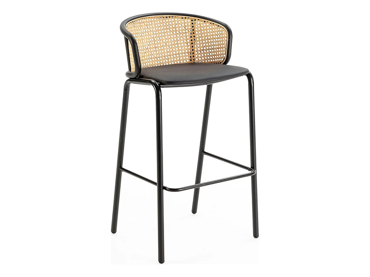 Tabouret Rotin/Métal/Cuir synthétique Noir/Naturel