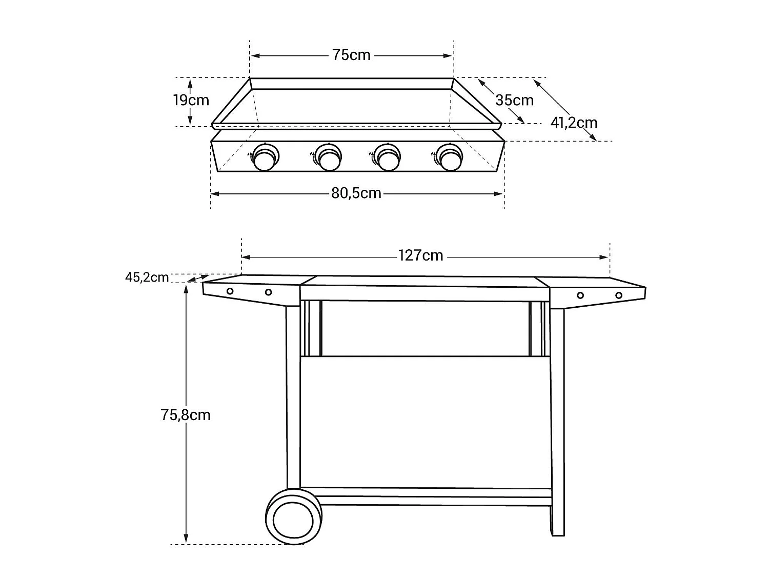 COOKER - Plancha au Gaz 4 brûleurs 8 KW - Chariot à Roulettes - Acier émaillé - Brûleurs Acier Inoxydable
